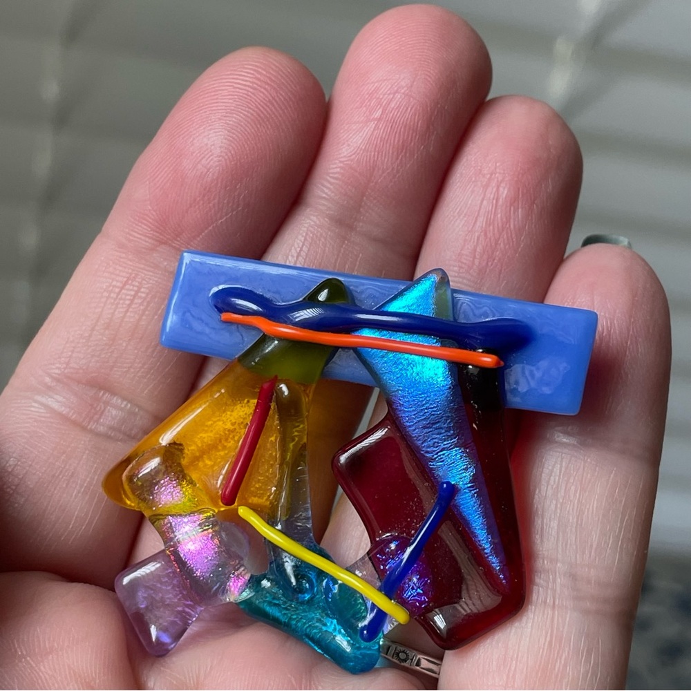 Signed vintage colorful fused art glass brooch ‘80s ‘90s - Picture 12 of 12
